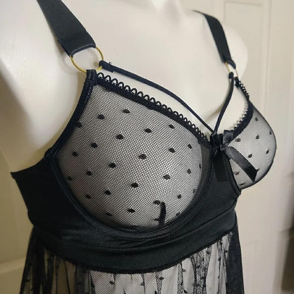 iCollection Roma Swiss Dot Stretch Mesh Babydoll Lingerie sz S